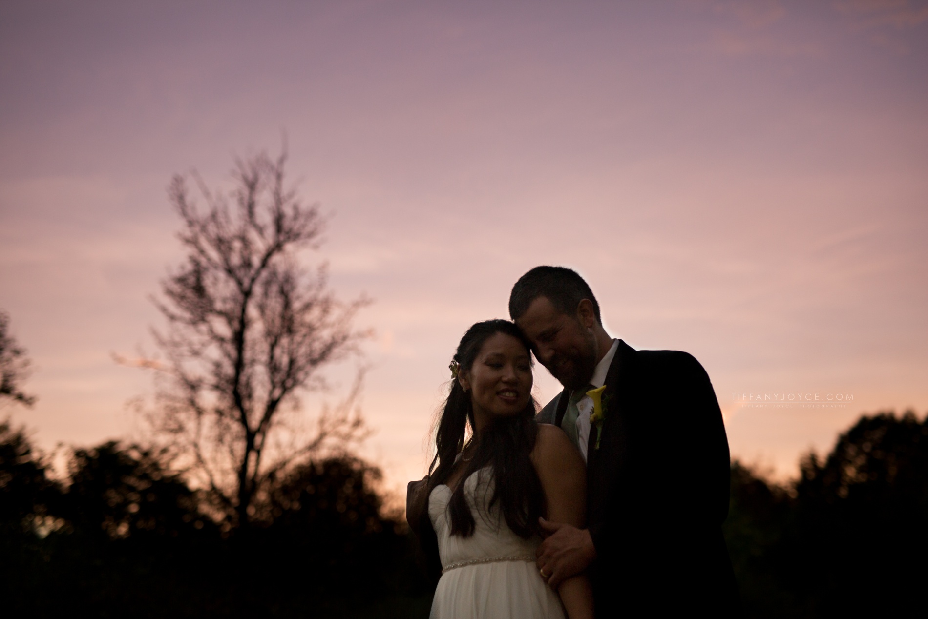 Sunset portrait of bride and groom at Milford CT wedding